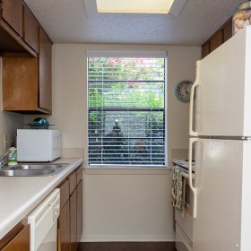 Kitchen  Spacious kitchen with wood floors and access to the dining area and living room.